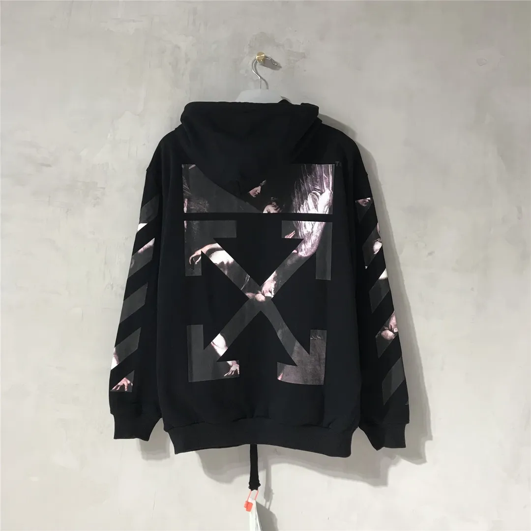 Top tested version OFF WHITE OW Certified Angel Wings Madonna Religious Oil Painting Men's and Women's Round Neck Zipper Cardigan Sweater The A mark on the neckline is a 3M reflective mark, customized model, not an embroidery mark, first look for identification.  The Renaissance-themed Caravaggio Madonna oil painting is inspired by one of Caravaggio's famous oil paintings, with a strong religious color! World treasures, top-notch paintings, and walking art pieces follow the original craftsmanship and use 5-color glue to create an effect. It is not offset printing, but many people on the market use Kornit direct inkjet instead. Whether it is the top version, touch the printing with your hand. The correct process is that it has a frosted feel. This is also a way to identify the uniqueness of the product. The fabric is 100% combed cotton terry fabric, 480 grams, ensuring the originality of the craftsmanship! Secondly, the tag rope of this model hangs from the collar tag, not the side rope. Customized auxiliary materials, complete accessories, consistent zp, hang tags, collar labels, and washed labels, feel free to compare!   Color: Black White Size Chart